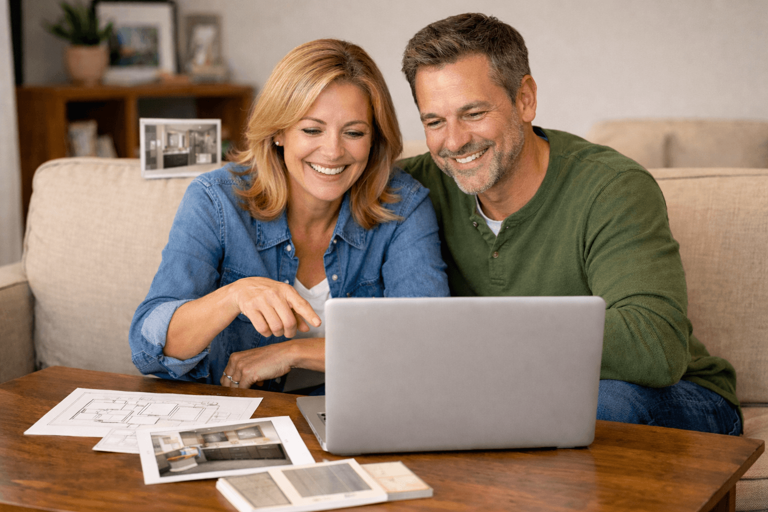 A smiling couple sits on a sofa, looking at a laptop screen, surrounded by home design plans and material samples, suggesting a cozy planning session.